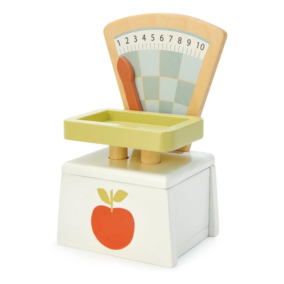 Tender Leaf Toys - Wooden Play Market Scale with numbered dial, weighing tray, and apple detail, designed for imaginative pretend play- Bella Luna Toys