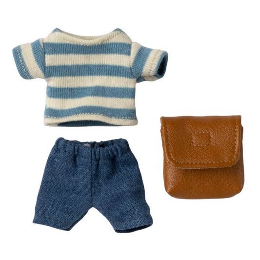 Maileg - Striped shirt and jean shorts and brown bag for Big brother mouse  - Bella Luna Toys