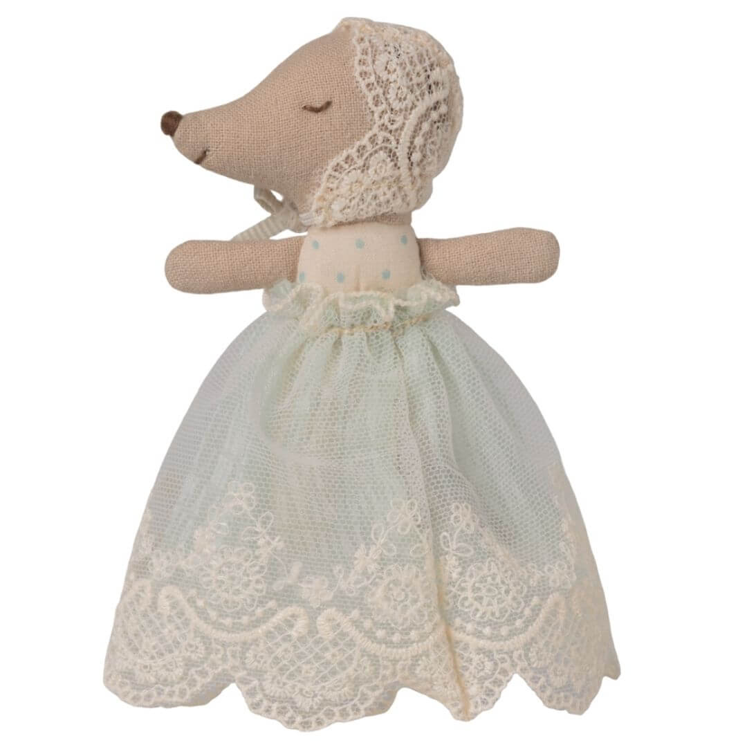 Maileg baby mouse in a soft mint gown with lace trim and bonnet, designed for gentle, imaginative play- Bella Luna Toys