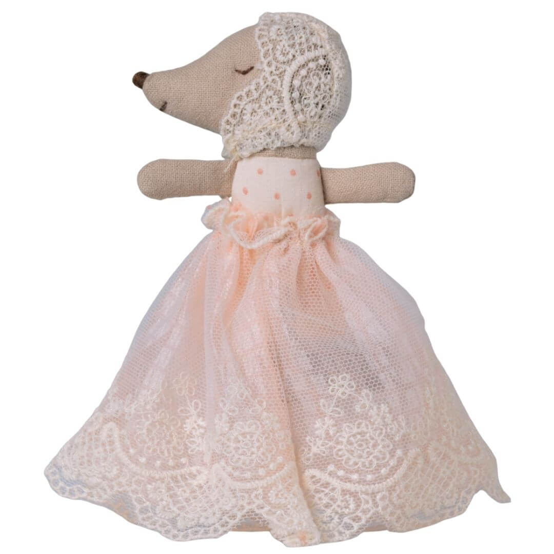 Maileg baby mouse in a soft powder gown with lace trim and bonnet, designed for gentle, imaginative play