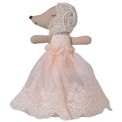Maileg baby mouse in a soft powder gown with lace trim and bonnet, designed for gentle, imaginative play